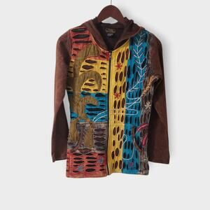 Rising International Embroidered Razor Cut Patchwork Full Zip Hoodie Sz Sm Artsy